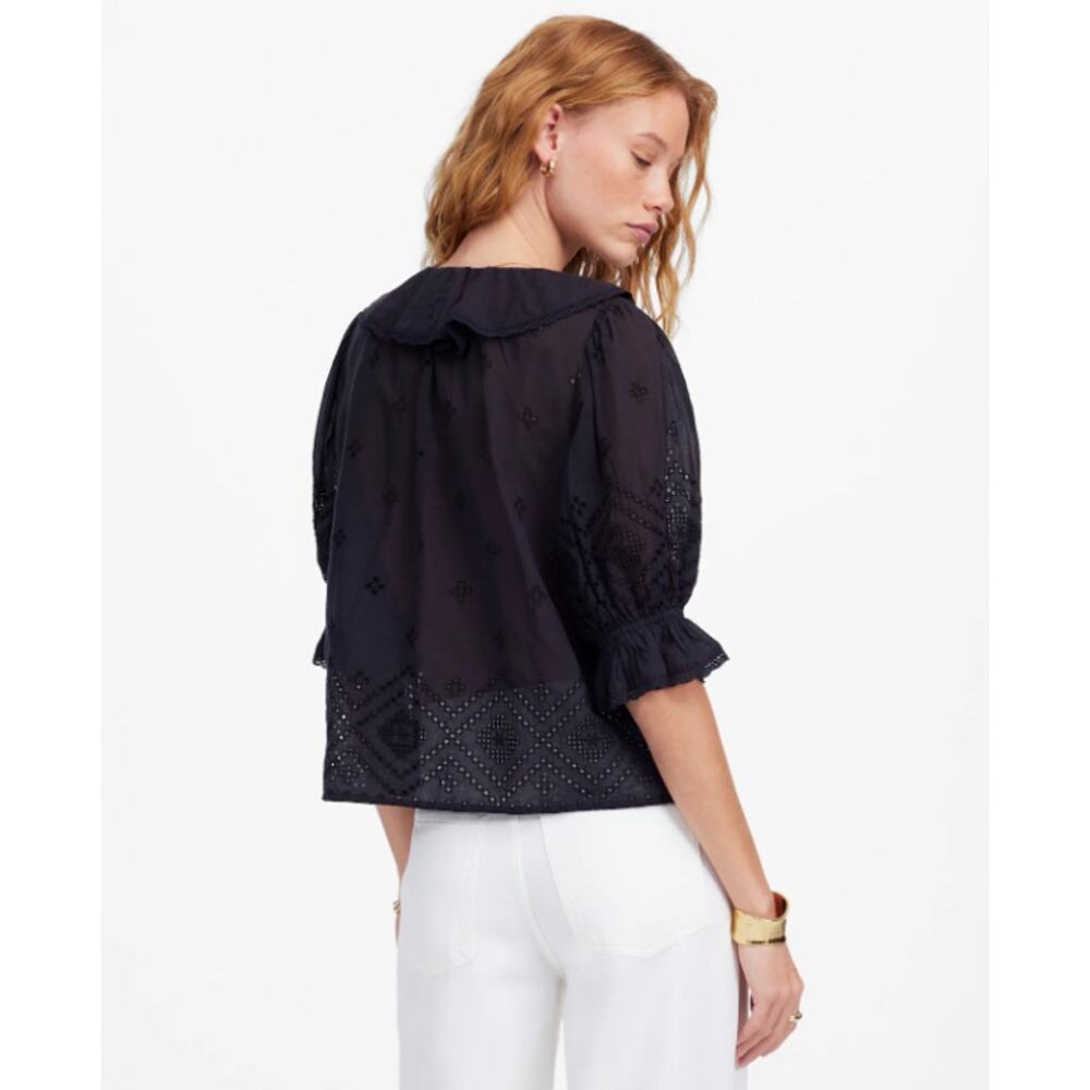 Madewell Ruffled Puff-Sleeve Top WMNS M Black Pintuck Lace-Trim V-Neck Button Up - Picture 3 of 9